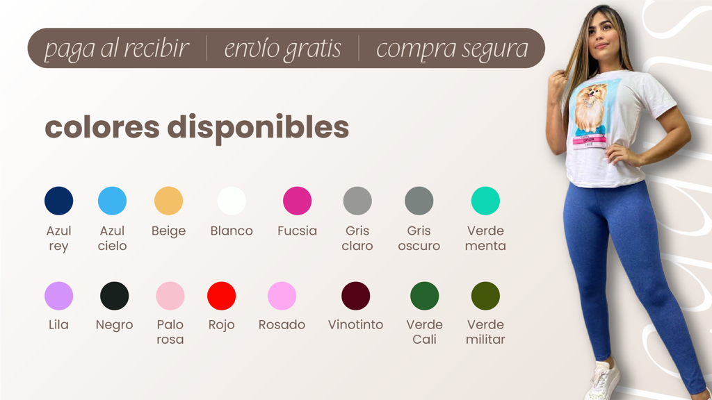 Imagen que muestra los leggins deportivos en varios colores disponibles: azul marino, negro, rojo y morado. La modelo viste el color azul marino, mientras se presentan los demás tonos como muestras de referencia junto a la prenda. Fondo neutro con texto o íconos que indican la variedad de colores.