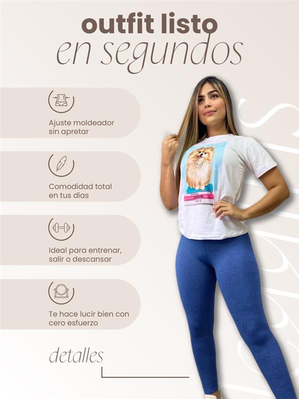 Modelo vistiendo leggins deportivos azul marino mientras se destacan los atributos del producto, como cintura alta, tela elástica, control de abdomen y tecnología de secado rápido. Fondo limpio con etiquetas gráficas que describen las características de la prenda.